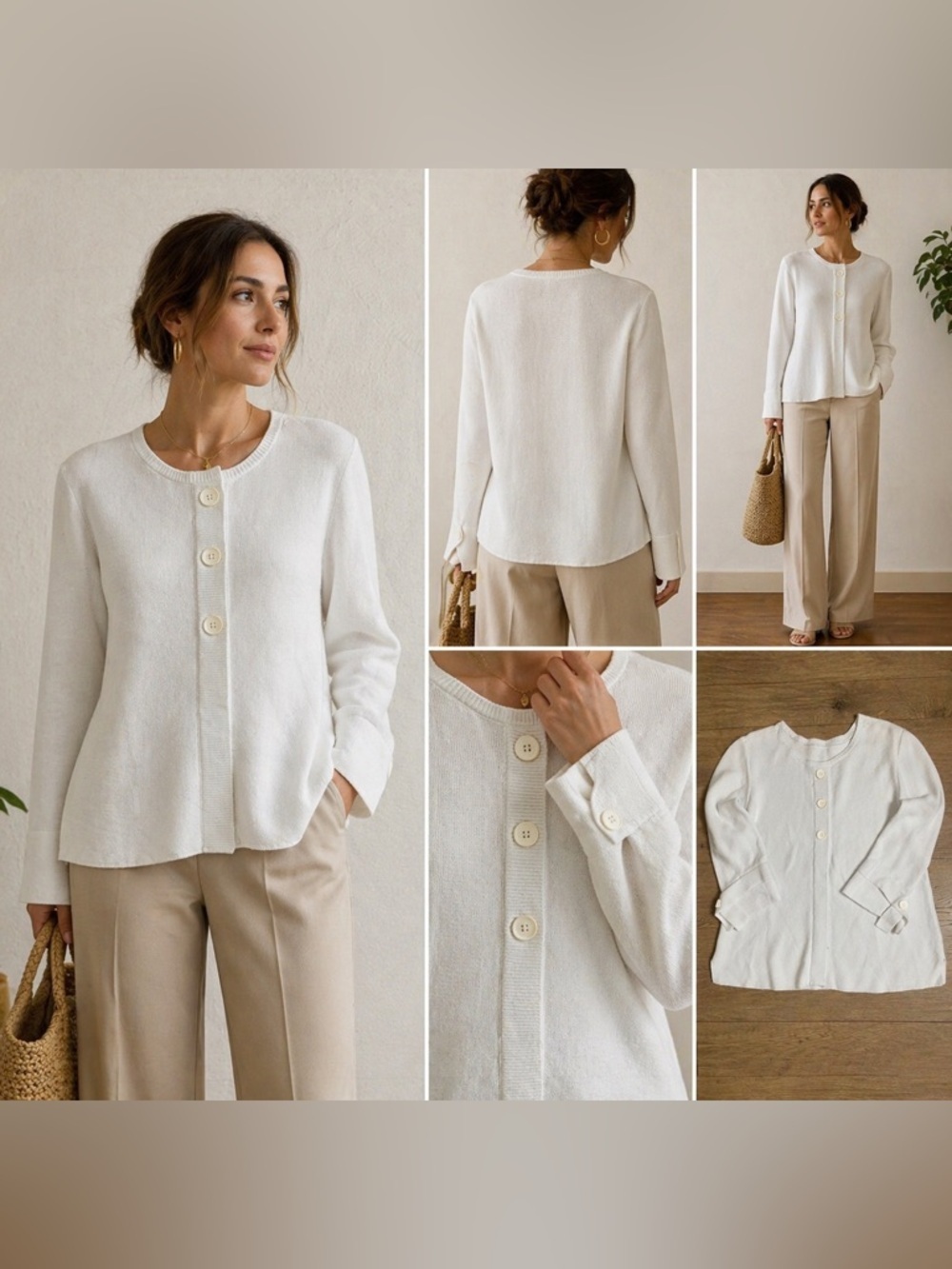 White Button-Down Knit Sweater 100% Cotton Size Medium